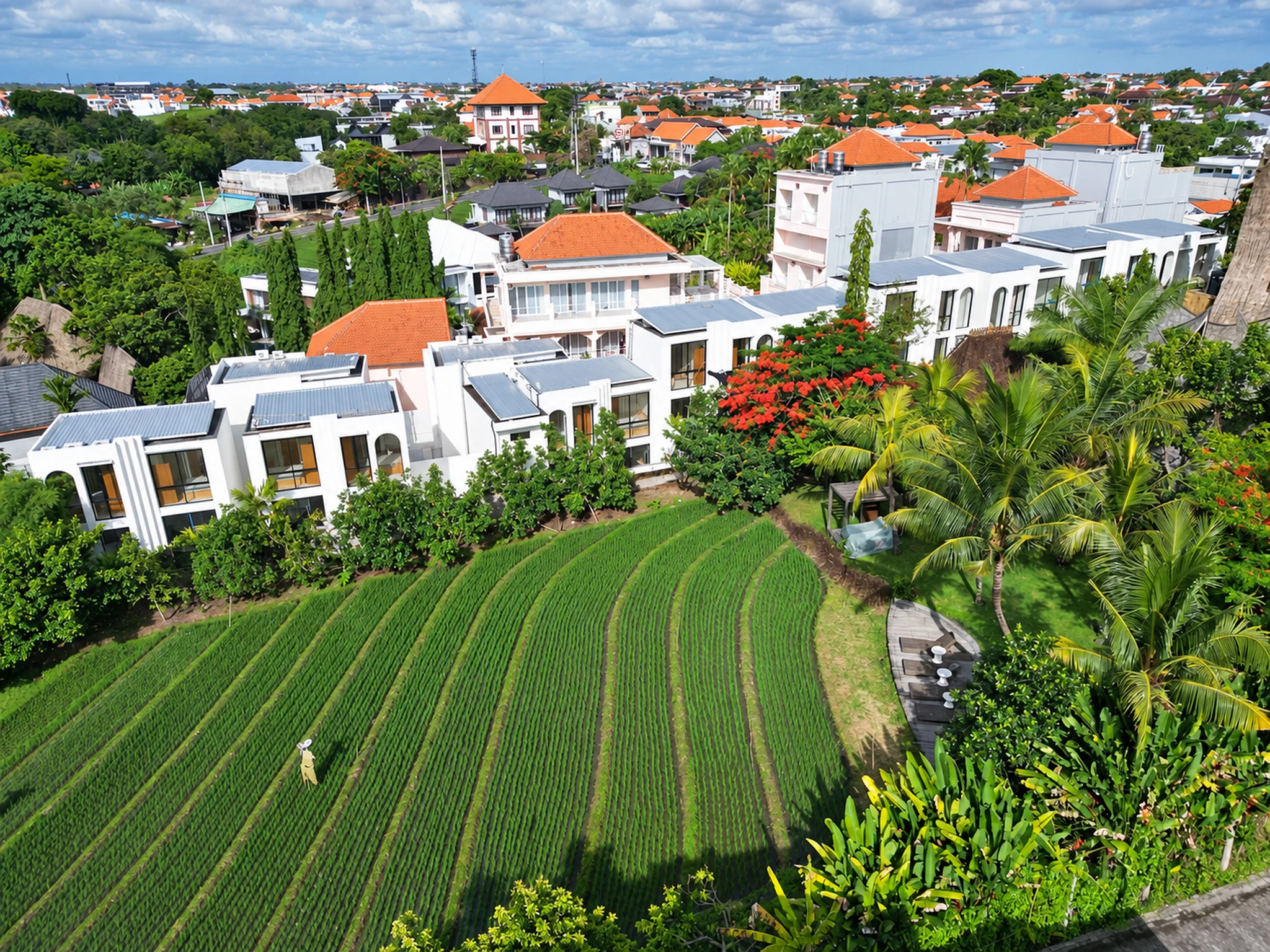 Aerial view of Lily Bali Villas beside the rice fields in Pererenan