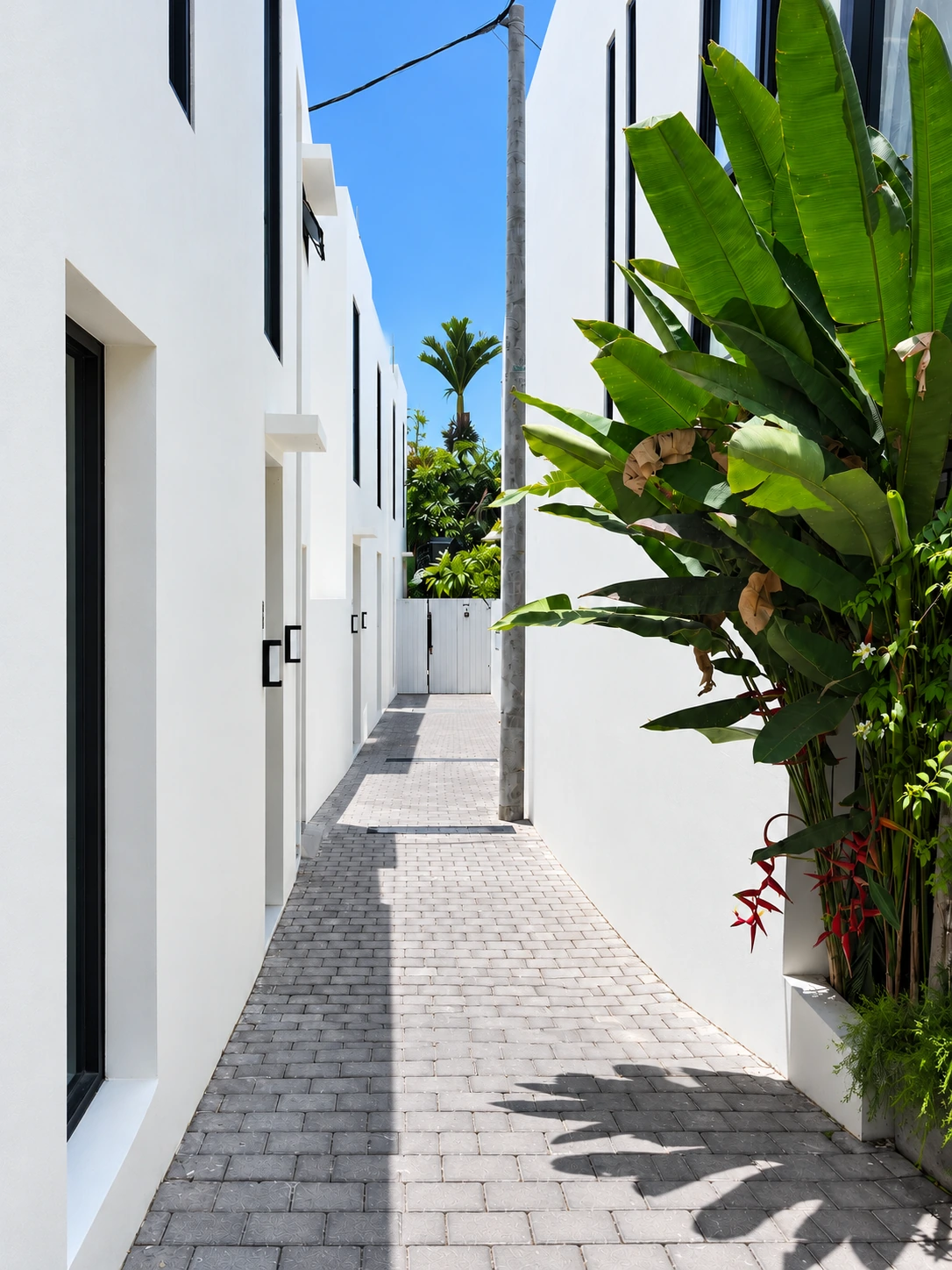 Sunlit walkway between white Lily villas and tropical planting